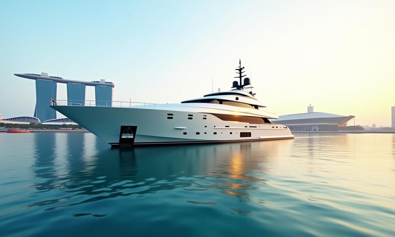 A gleaming superyacht docked in the calm, clear waters of Singapore with a modern city skyline in the background.